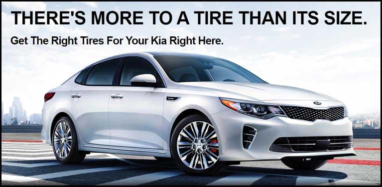 White Kia Optima on a track with text about Kia tire services